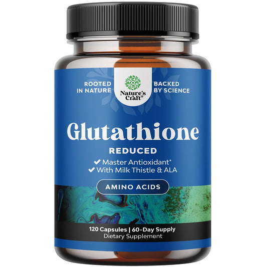 Natures Craft Reduced Glutathione bottle promotes skin radiance and liver support.