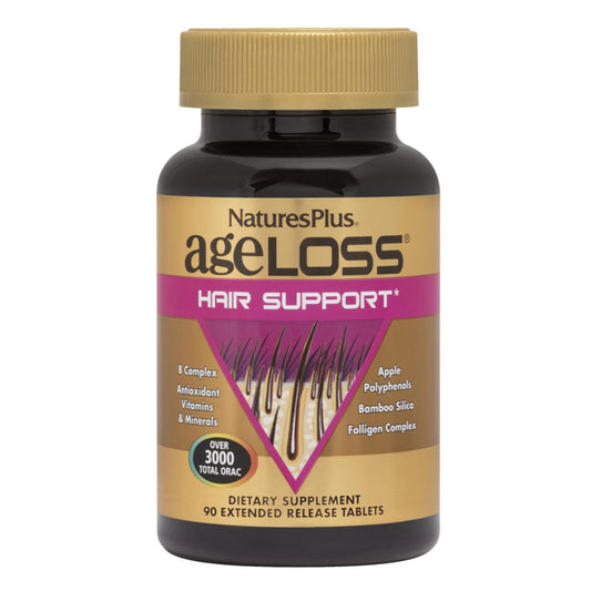 NaturesPlus AgeLoss Hair Support bottle on counter for daily use and vitality.
