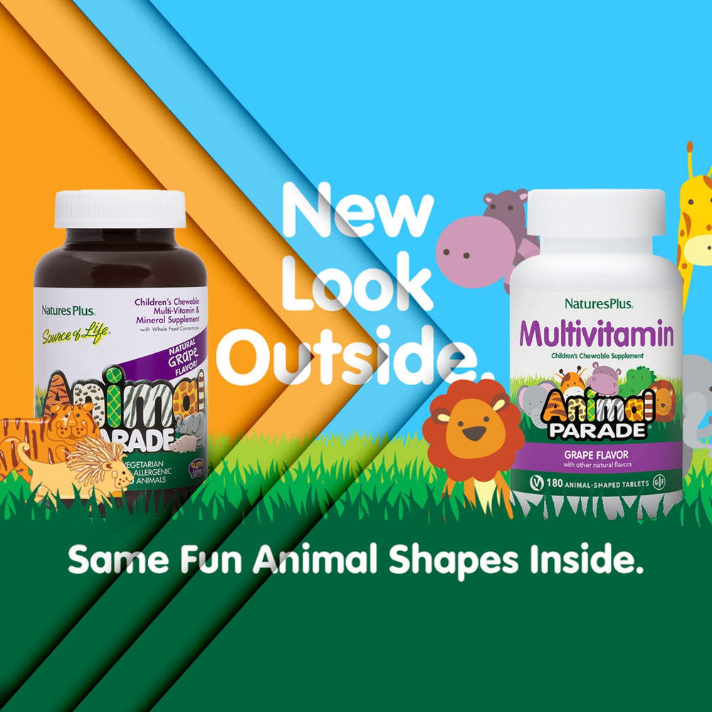NaturesPlus Animal Parade bottle shown with kid-friendly, colorful packaging.