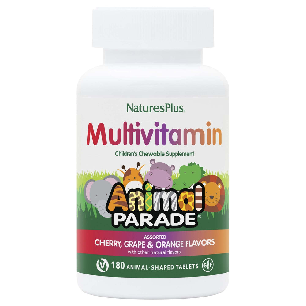 NaturesPlus Animal Parade bottle with colorful animal-shaped vitamins for kids' daily nutrition.