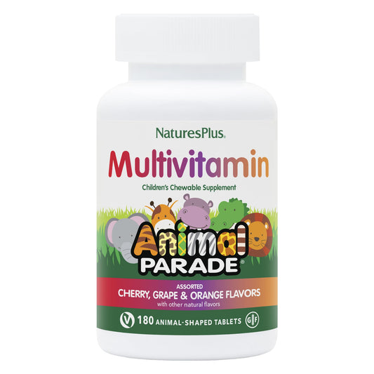 NaturesPlus Animal Parade bottle with kid-friendly chewables for daily nutrition.