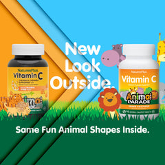 Colorful animal-shaped chewables from NaturesPlus for kids' daily vitamin routine.