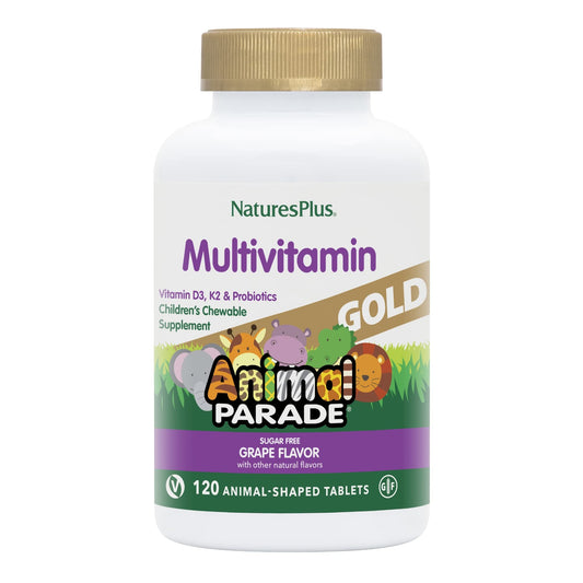 NaturesPlus Animal Parade Gold bottle with chewable tablets, kid-friendly multivitamins