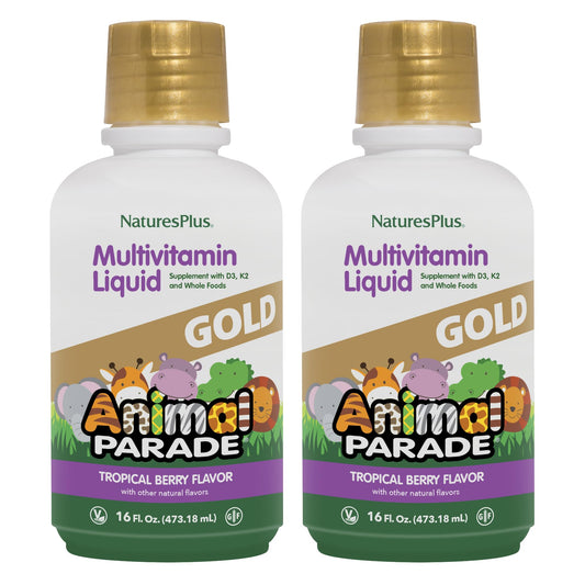 NaturesPlus Animal Parade Gold bottle front view with kid-friendly tropical berry multivitamin.