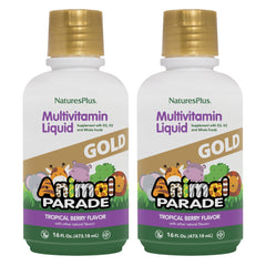 NaturesPlus Animal Parade Gold bottle front view with kid-friendly tropical berry multivitamin.