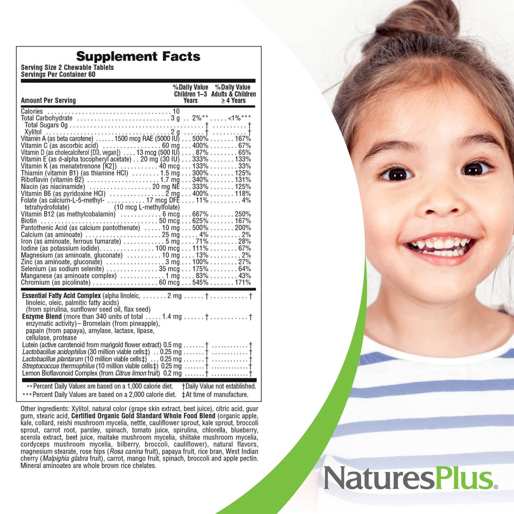 NaturesPlus Animal Parade Gold ingredients graphic featuring spirulina, carrot, broccoli.