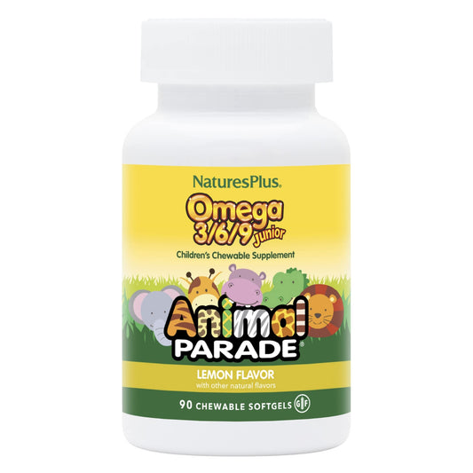 NaturesPlus Animal Parade Junior lemon bottle front, kid-friendly omega blend.