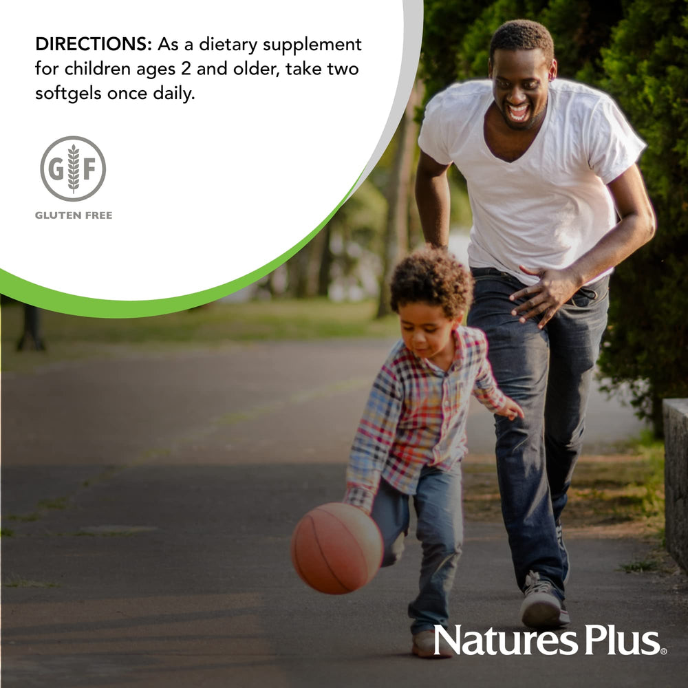 NaturesPlus Animal Parade Omega 3/6/9 Junior bottle with lemon highlights kid-friendly nutrition.