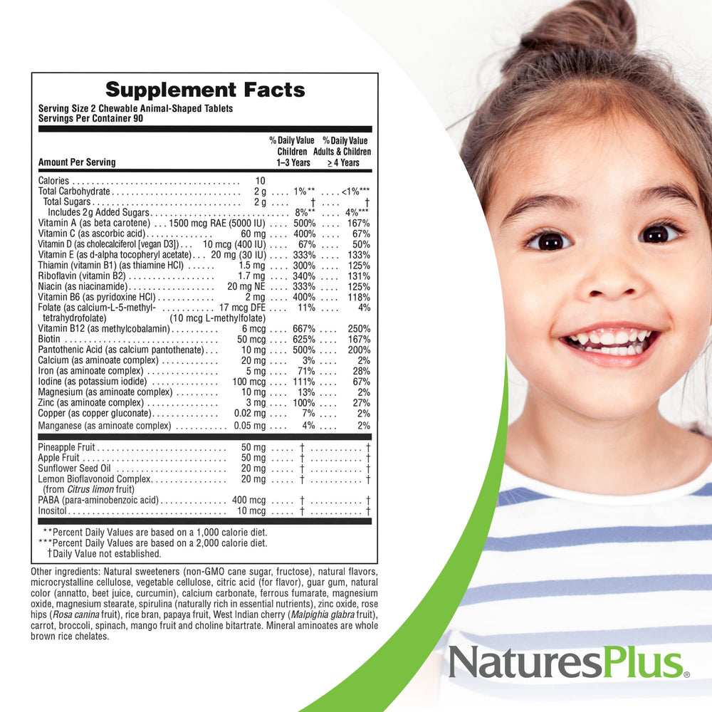NaturesPlus Animal Parade spirulina-ingredients highlight with whole foods.