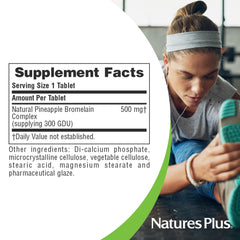 NaturesPlus Bromelain glass bottle on white background, convenient daily enzyme supplement.