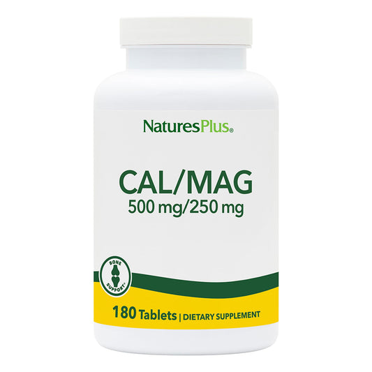 NaturesPlus Cal/Mag bottle front shows 180 vegetarian tablets for daily wellness.