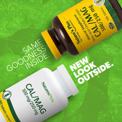 NaturesPlus Cal/Mag tablets close-up highlights tablet texture and ingredients.
