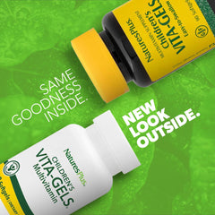 NaturesPlus Vita-Gels bottle side, easy-to-swallow softgels for daily use.