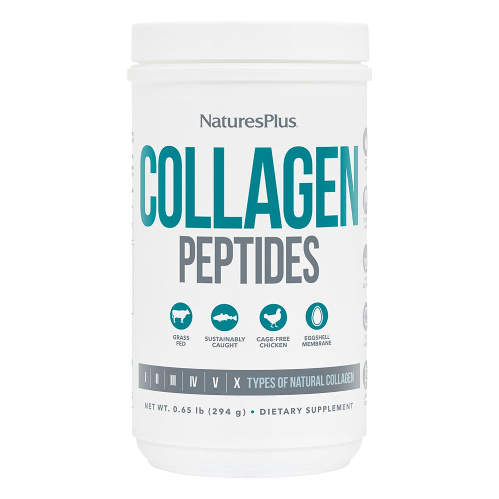 NaturesPlus Collagen Peptides bottle pour demonstrates convenient daily serving