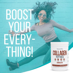 NaturesPlus Collagen Peptides chocolate bottle emphasizing immune system support.