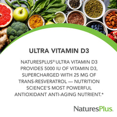 NaturesPlus D3 label highlighting 5000 IU and Trans-Resveratrol for antioxidant support.