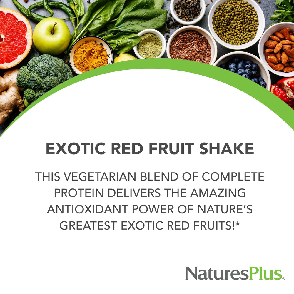 NaturesPlus Fruitein Exotic Red Fruit Shake in a glass with rich texture
