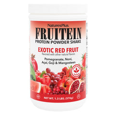 NaturesPlus Fruitein Exotic Red Fruit Shake jar showing protein power for daily energy