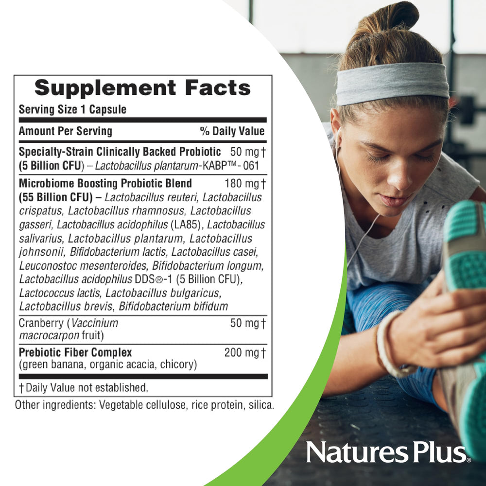 Close-up of NaturesPlus GI Natural Probiotic Women capsules for gut balance.
