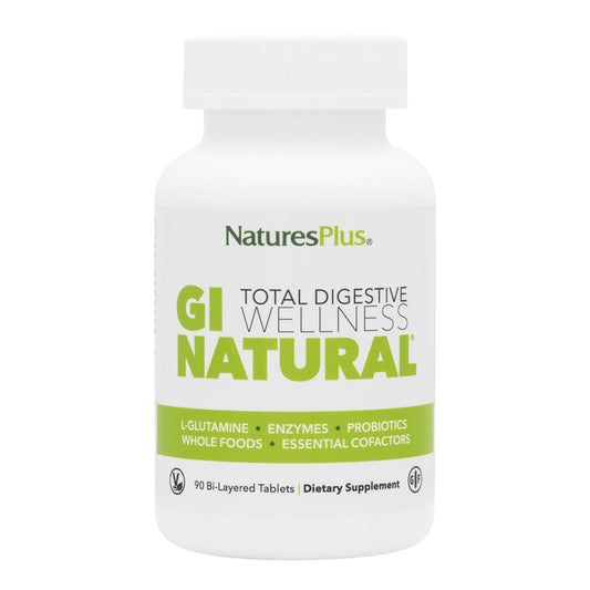 NaturesPlus GI Natural Total Digestive Wellness bottle highlighting probiotics and enzymes for gut support.