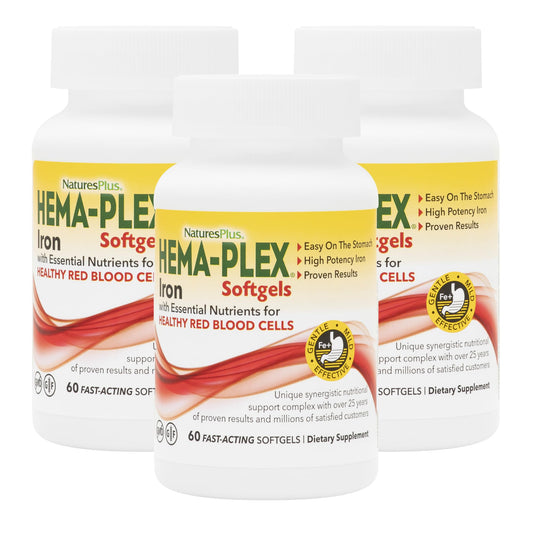 NaturesPlus Hema-Plex Iron bottle front, high-potency iron softgels for daily support.