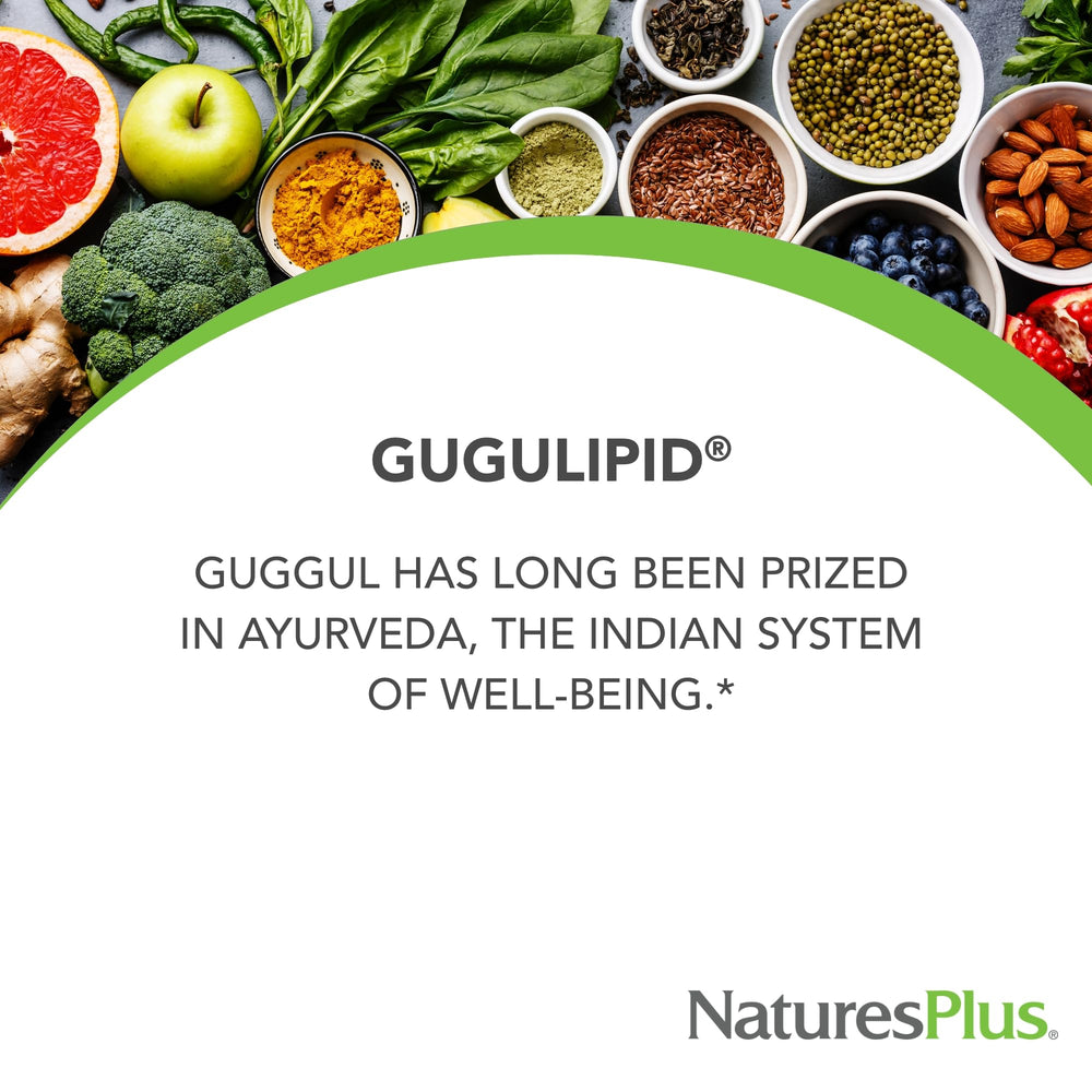 NaturesPlus Gugglipid bottle close-up highlighting gluten-free and allergen-conscious formula.