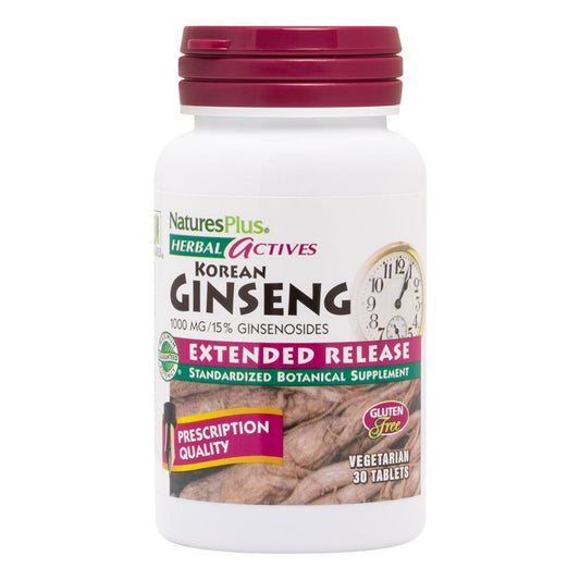 NaturesPlus Herbal Actives Korean Ginseng bottle pour highlights extended release energy