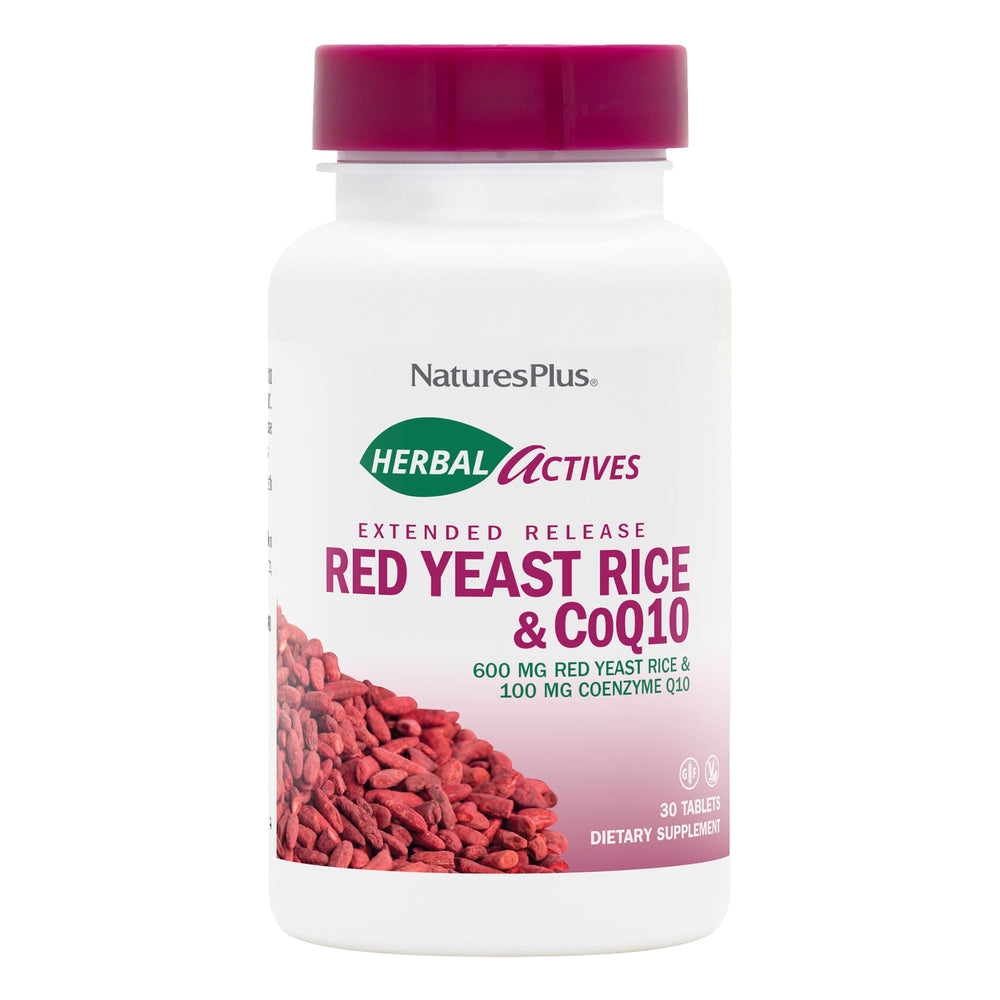 NaturesPlus Herbal Actives bottle with red yeast rice-CoQ10, extended-release tablets for daily antioxidant support