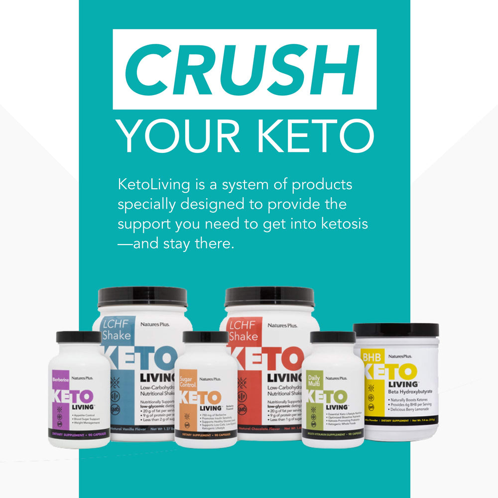 NaturesPlus KetoLiving bottle front shows gluten-free formulation and keto-friendly protein.