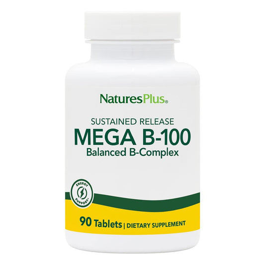 NaturesPlus Mega B-100 complex bottle highlights high-potency vitamins for sustained support.