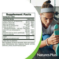 NaturesPlus Mega B-100 ingredients panel shows B1, B2, B6, B12, folate, biotin.