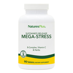 NaturesPlus Mega-Stress bottle front showing sustained-release formula for steady daytime support.