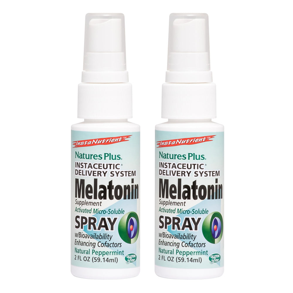 NaturesPlus Melatonin Spray bottle highlighting peppermint flavor for easy nightly use.
