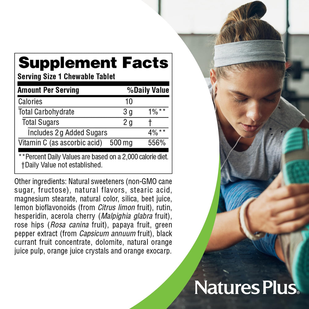 Bright orange flavor of NaturesPlus chewables, tasty daily vitamin C option.