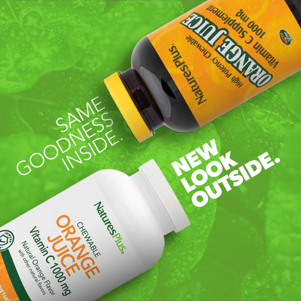NaturesPlus Orange Juice label closeup highlighting vegan gluten-free formula