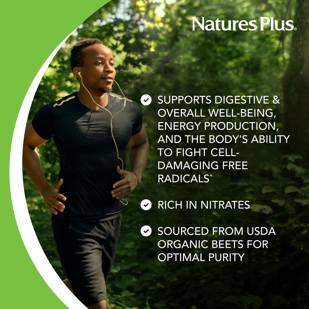 NaturesPlus Organic Beet label highlighting organic certification and vegan ingredients.
