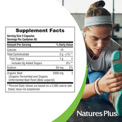NaturesPlus Organic Beet packaging front emphasizing vegan and gluten-free promise.
