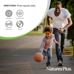 NaturesPlus Organic Beet serving suggestion with three capsules for daily intake.