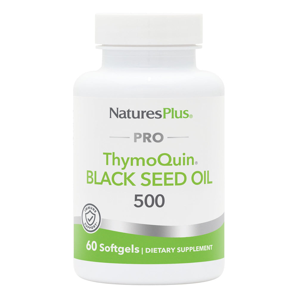 NaturesPlus PRO ThymoQuin black seed oil bottle showing full-spectrum formula for daily support