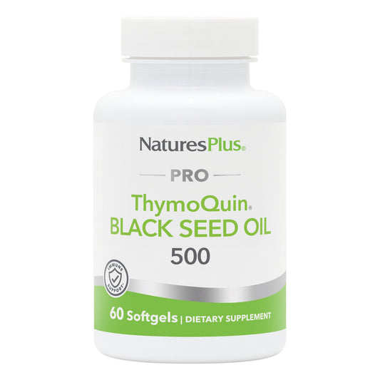 NaturesPlus PRO ThymoQuin black seed oil bottle showing full-spectrum formula for daily support