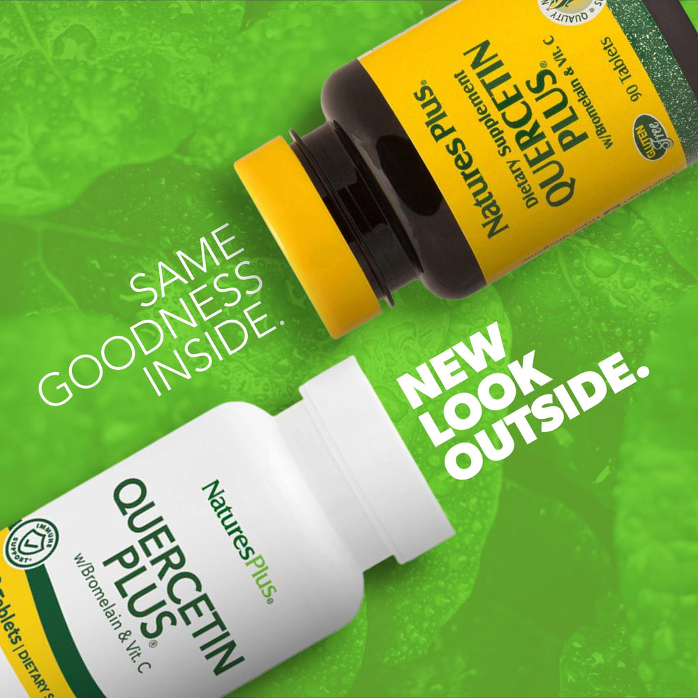 NaturesPlus Quercetin Plus bottle back label with gluten-free notes.
