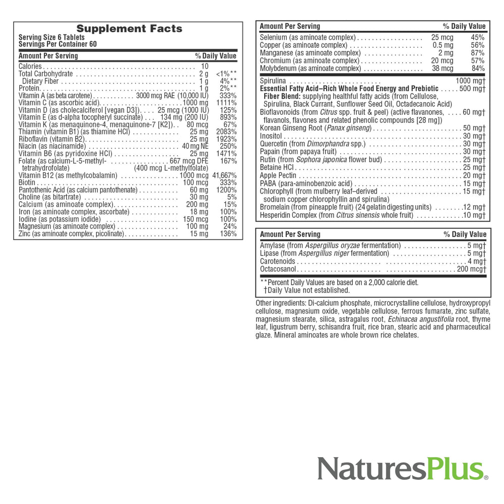 NaturesPlus Source of Life 360 Mini-Tabs gluten-free vegetarian badge on packaging