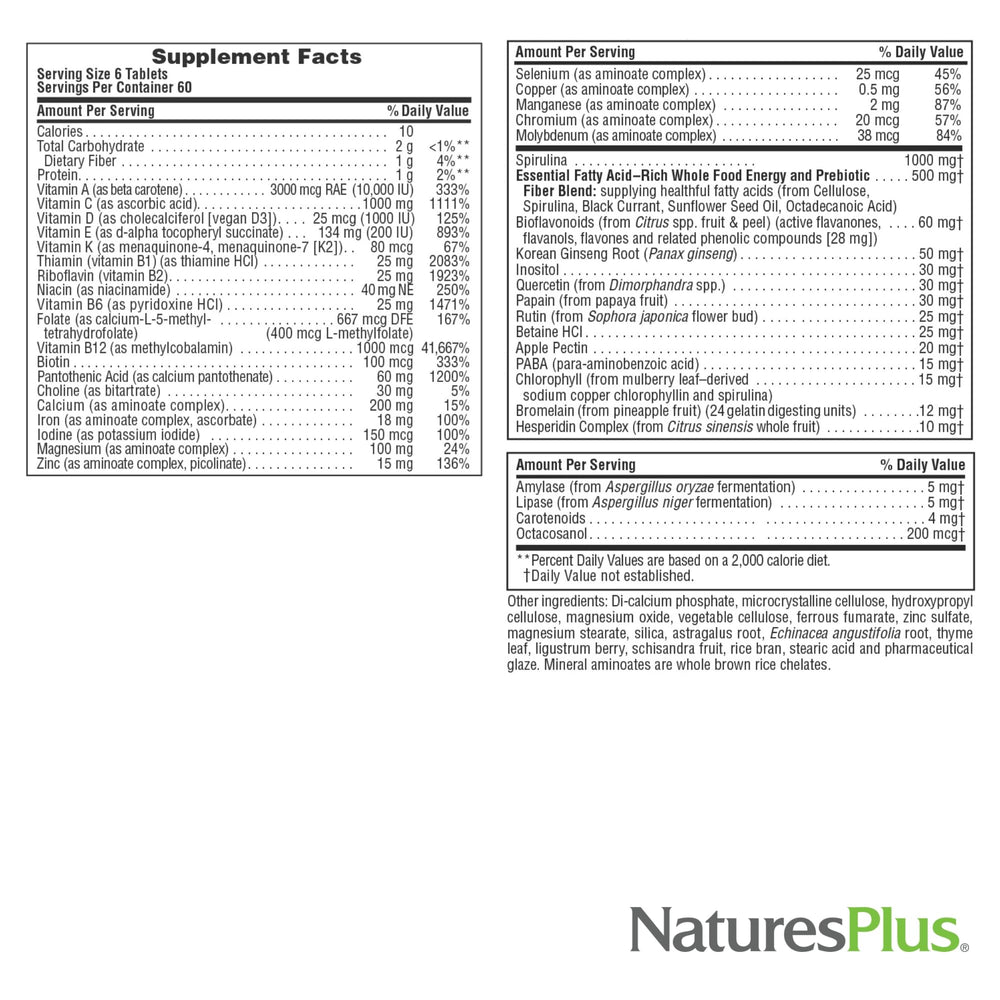 NaturesPlus Source of Life 360 Mini-Tabs packaging emphasizing gluten-free and vegetarian