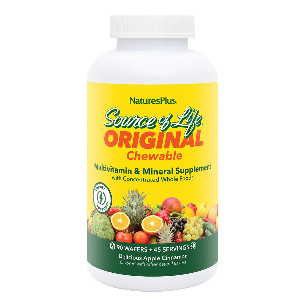 Nature's Plus Source of Life Adult’s Chewable Apple Cinnamon bottle displaying the supplement and flavor