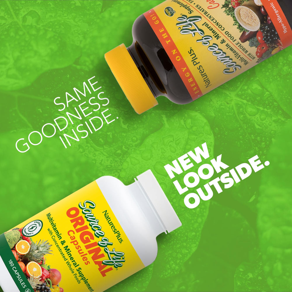 NaturesPlus Source of Life bottle back label detailing nutrients for daily vitality.
