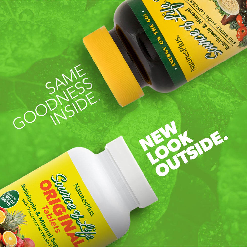 NaturesPlus Source of Life bottle side label showing gluten-free vegetarian formula benefits