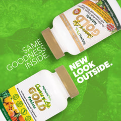 NaturesPlus Source of Life GOLD bottle label close-up highlights vitamins D3, B12 and K2 benefits.
