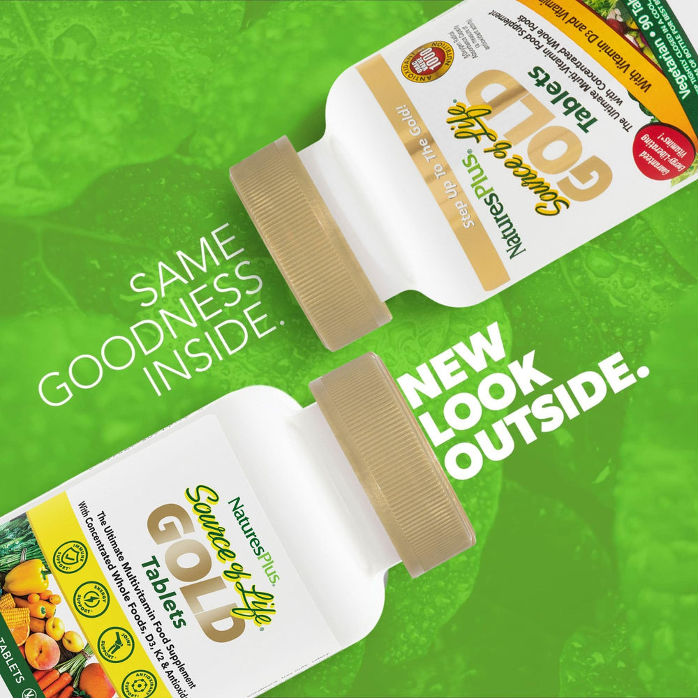 NaturesPlus Source of Life Gold bottle pour illustrates convenient daily use.