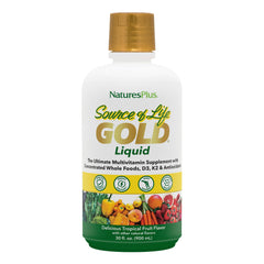 NaturesPlus Source of Life GOLD bottle pour showcases tropical flavor and easy dosing.