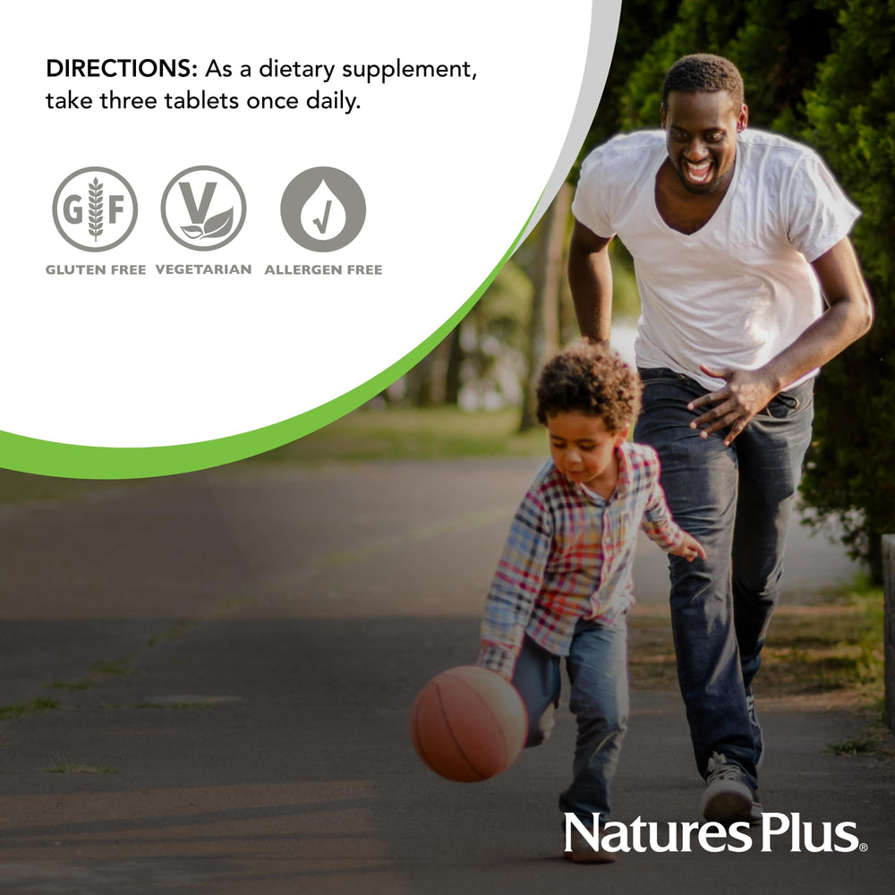 NaturesPlus Source of Life GOLD lifestyle shot suggests daily routines for immune and bone support.